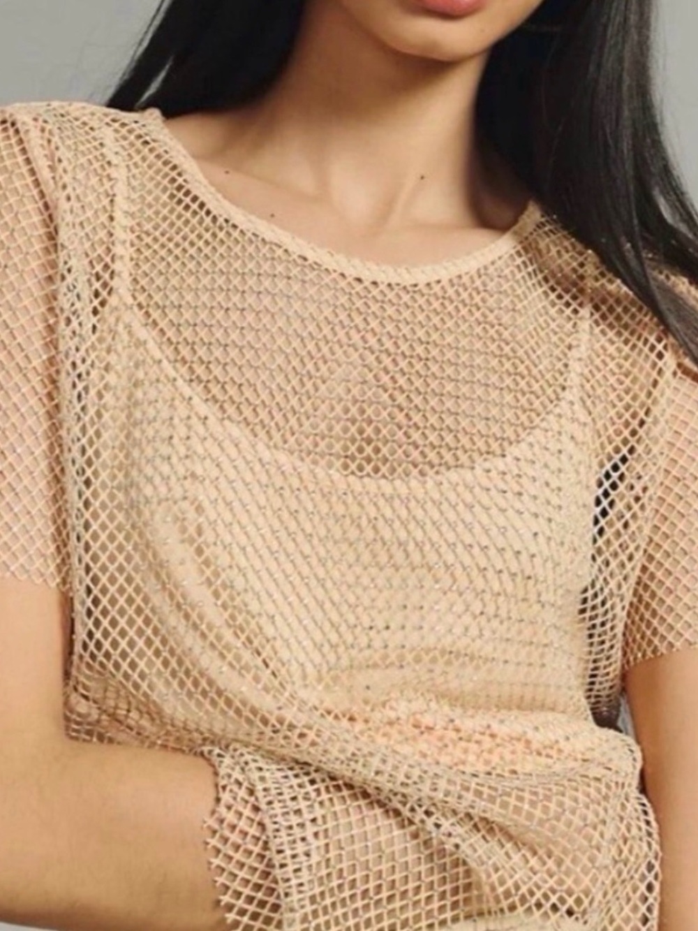 Anthropologie Nude Mesh Short Sleeve Top with Built-In Cami